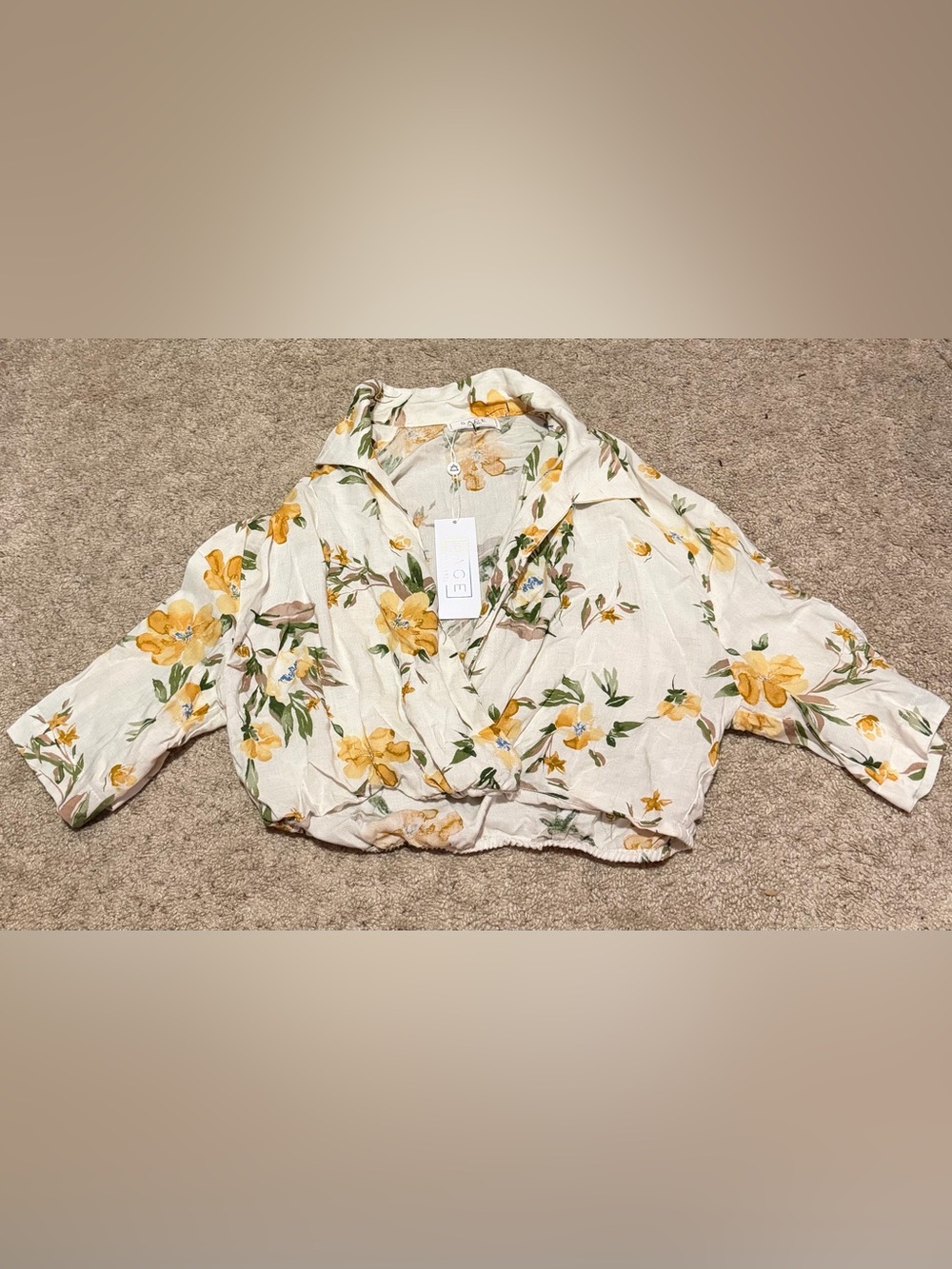 NWT. Sage Cream Floral Wrap Crop Top with Yellow Blossoms